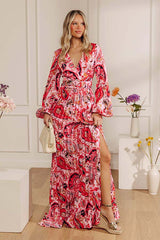 Colorburst Couture Paisley Pleated Maxi Dress in Pink