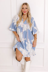 Vineyard Stroll Floral Mini Dress in Sky Blue