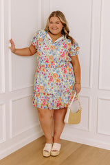 Pure Heart Floral Mini Dress in Blue Curves