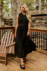 Graceful Moments Button Down Midi Dress in Black