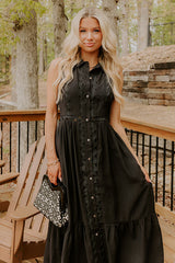 Graceful Moments Button Down Midi Dress in Black