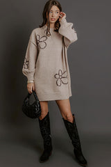 Petal Pop Sweater Mini Dress in Warm Taupe