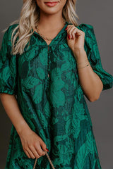 Holiday Happiness Floral Jacquard Mini Dress in Hunter Green