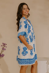 Petal Coast Floral Mini Dress in Ocean Blue