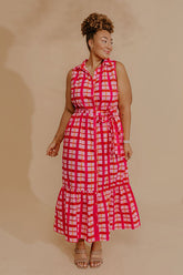 Boardwalk Stroll Plaid Maxi Dress in Hot Pink Curves