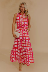Boardwalk Stroll Plaid Maxi Dress in Hot Pink