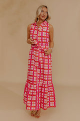 Boardwalk Stroll Plaid Maxi Dress in Hot Pink