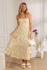 Prairie Bloom Floral Tiered Midi Dress in Yellow