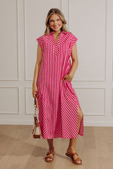 Sweet Stripes Midi Dress in Hot Pink
