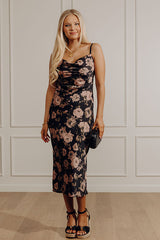 Garden At Midnight Floral Satin Midi Dress