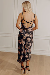 Garden At Midnight Floral Satin Midi Dress