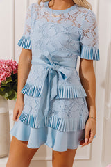 Tea Garden Party Lace Tiered Mini Dress in Sky Blue