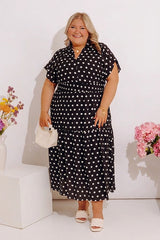 Sweet Spotlight Polka Dot Midi Dress in Black Curves