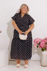 Sweet Spotlight Polka Dot Midi Dress in Black Curves