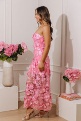 Romance in Bloom Floral Embroidered Midi Dress in Pink