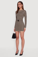 Greek Key Belted Front Long Sleeve Sweater Dress