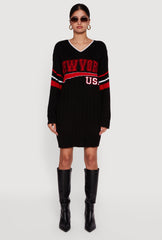New York USA Graphic Long Sleeve Sweater Dress