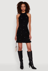 Rhinestone Eyelash Knit Ruffle Hem Sweater Dress