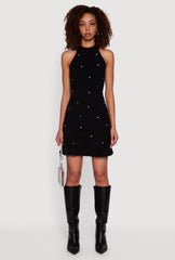 Rhinestone Eyelash Knit Ruffle Hem Sweater Dress