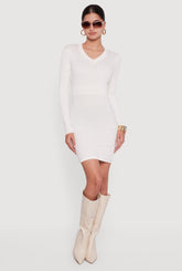 Greek Key Rib Knit Long Sleeve V-Neck Sweater Dress