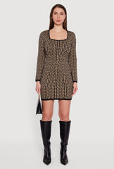 Printed Pattern Long Sleeve Square Neck Sweater Dress