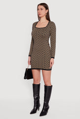 Printed Pattern Long Sleeve Square Neck Sweater Dress