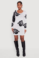Long Sleeve Scoop Neck Printed Pattern Sweater Dress