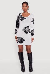 Long Sleeve Scoop Neck Printed Pattern Sweater Dress