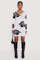 Long Sleeve Scoop Neck Printed Pattern Sweater Dress
