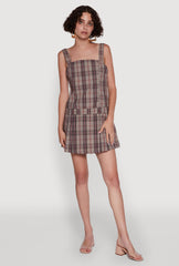 Plaid Square Neck Sleeveless Pleated Hem Dress