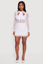 Floral Lace Tie Front Studded Keyhole Detail Micro Dress