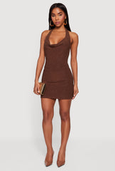 Glittery Cowl Neck Tie Back Halter Dress
