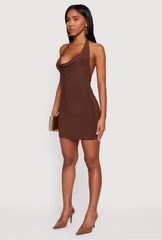 Glittery Cowl Neck Tie Back Halter Dress