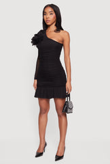 Flower Detail Ruched One Shoulder Mini Dress