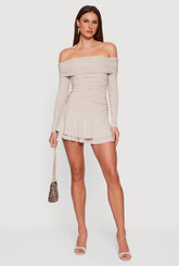 Ruched Fold Over Off the Shoulder Tiered Skater Dress