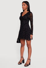 Floral Velvet Burnout Mesh Overlay Skater Dress