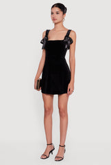 Velvet Bow Strap Square Neck Mini Dress