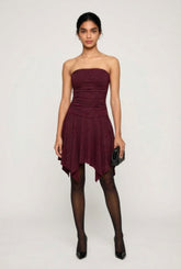 Strapless Side Ruched Handkerchief Hem Dress