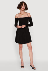 Ribbed Knit Lace Up Back Pleated Skater Dress
