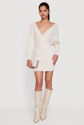 Faux Pearl Studded Faux Wrap Sweater Dress
