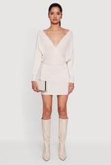 Faux Pearl Studded Faux Wrap Sweater Dress