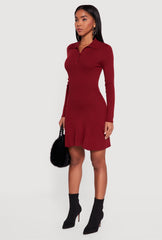 Rib Knit Long Sleeve Polo Sweater Dress