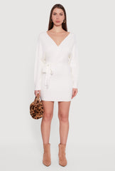 Tie Waist Belted Long Sleeve Faux Wrap Sweater Dress