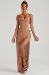 Embellished Cowl Neck Maxi Dress in Latte