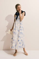 Cream & Royal Blue Embroidered Beverly Maxi Dress