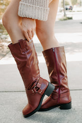 Clocking In Faux Leather Knee High Boots (Wine)