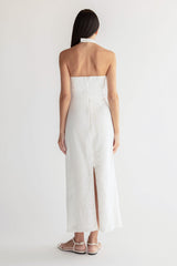 LINEN BLEND ASYMMETRIC HALTER MAXI DRESS