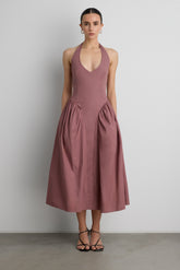 COTTON POPLIN HALTER MIDI DRESS