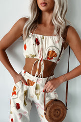 French Bistro Printed Drawstring Crop Top (Ivory)