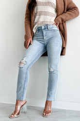 Azra High Rise Sneak Peek Slim Straight Jeans (Light Vintage)